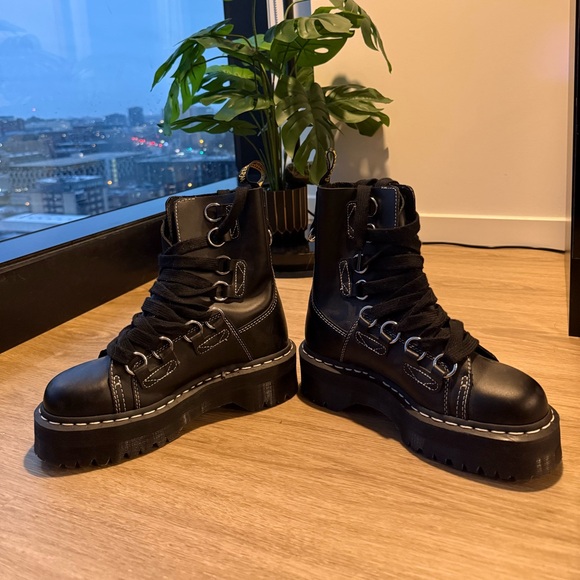 Dr. Martens Black Combat Boots with White Stitching - Picture 2 of 3